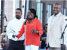 Cherrelle Parker with Senator Sharriff Street and Congressman Dwight Evans appear in North Philadelphia at OIC Philadelphia's first alumni block party to give remarks.