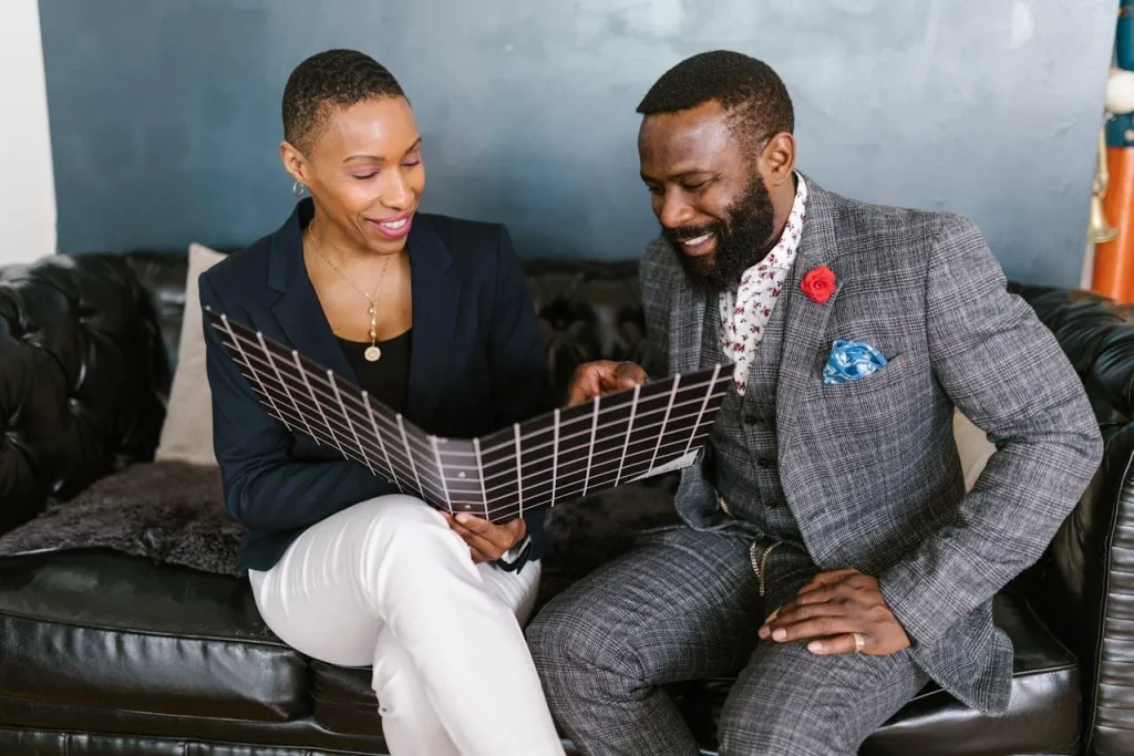 Business professionals reviewing career development documents during a workplace strategy discussion