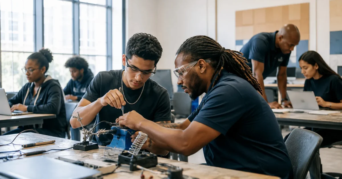 Adult students actively engaged in hands-on vocational classroom training session.