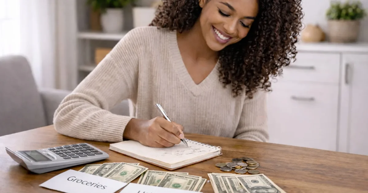 Person budgeting money with cash categories, calculator, and notebook to plan monthly expenses