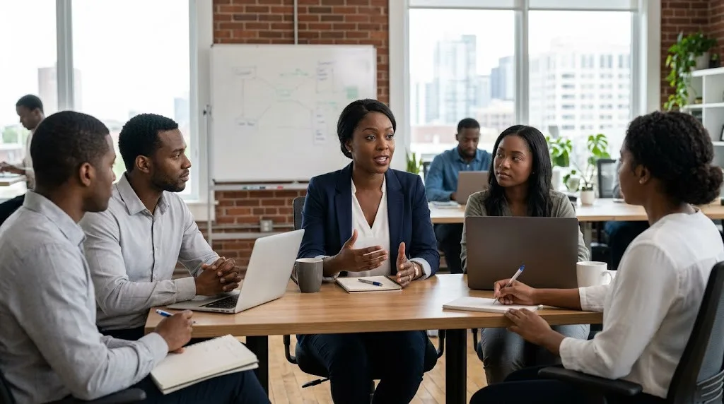 Woman practicing assertive communication while leading a team meeting in a modern office